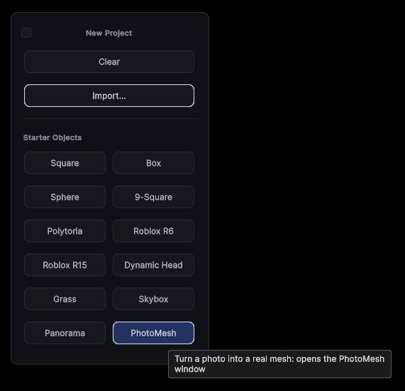 The New Project panel with the PhotoMesh button highlighted in the Starter Objects grid