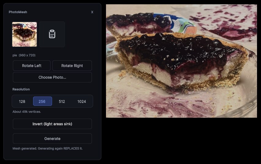 The PhotoMesh window with the pie photo loaded, resolution set to 256, and the Generate button