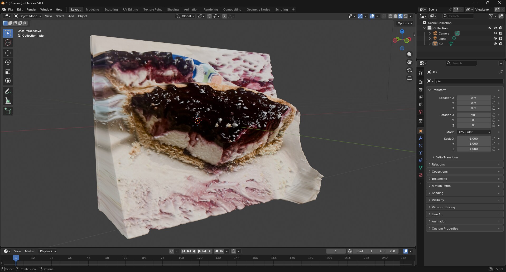 The finished pie model opened in Blender