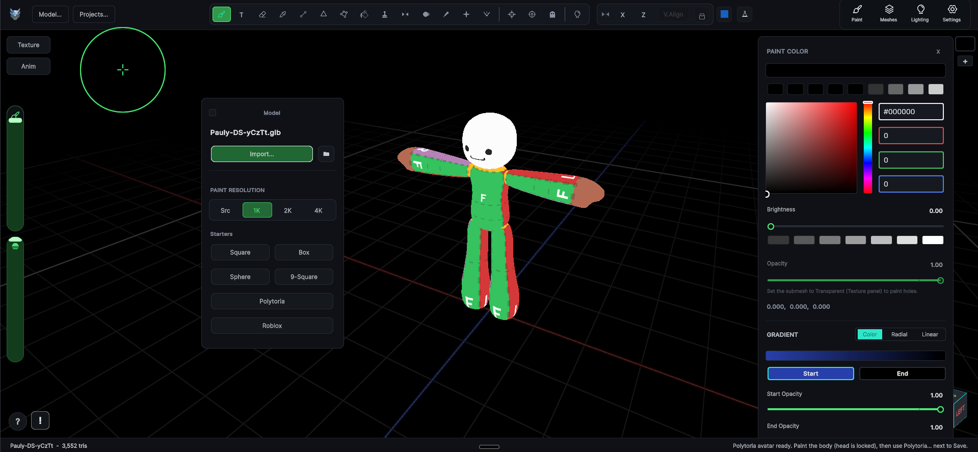 The built-in Polytoria avatar starter loading the official Polytorian with its clothing template